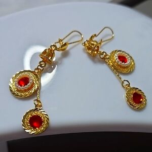 Elegant Gold and Red Dangle Earrings